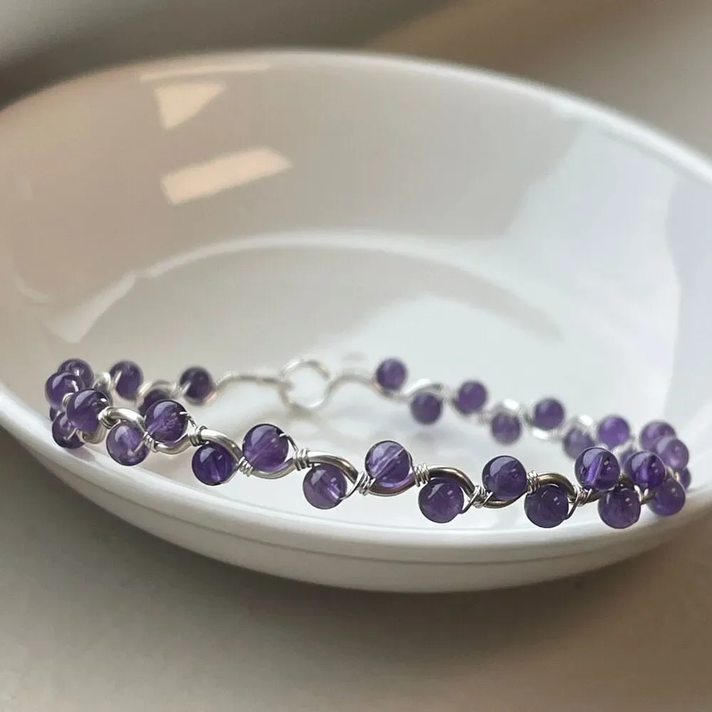 Amethyst purple 8” silver copper wire beaded beads handcrafted handmade dainty F